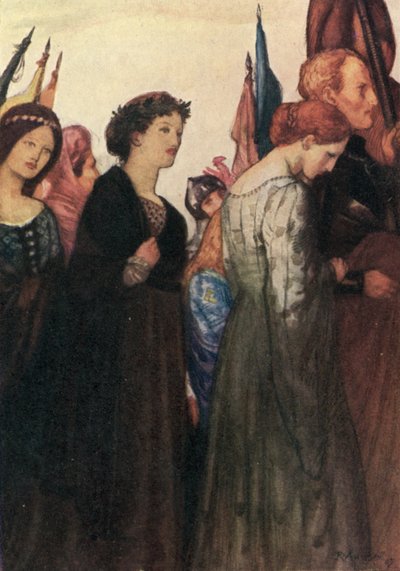 死んだ女性と素敵な騎士を称えて、美しく美しい古い韻をつくる 作： Robert Anning Bell
